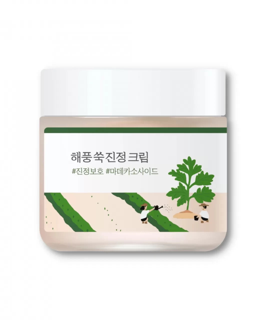 Прозора баночка з етикеткою та білою кришкою крему Round Lab Mugwort Calming Cream на білому фоні.