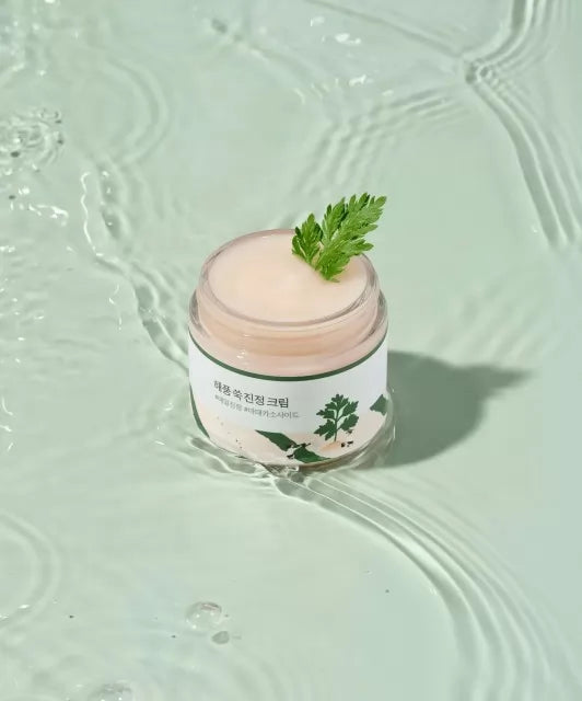 Баночка крему Round Lab Mugwort Calming Cream стоїть на яскраво зеленій поверхні, заповненій водою. Баночка відкрита, і з неї виглядає зелена рослина.