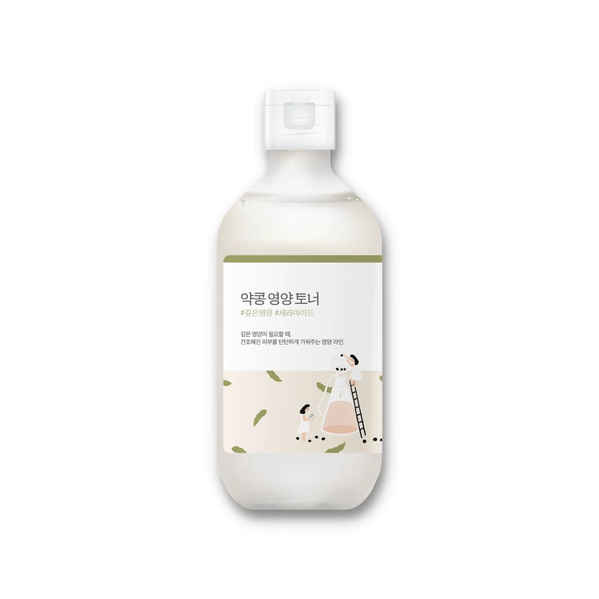 Прозора пляшечка з білою кришечкою тонеру RoundLab Soybean Nourishing Toner на білому фоні.