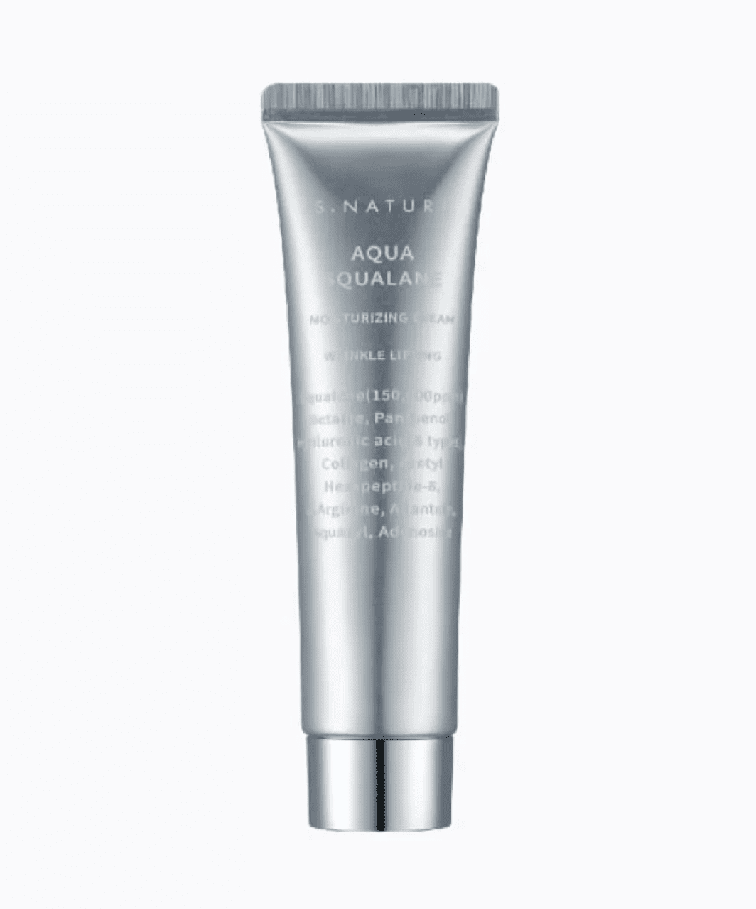 Сріблястий тюбик із сріблястою кришкою крему SNature Aqua Squalane Moisturizing Cream стоїть на білому фоні.