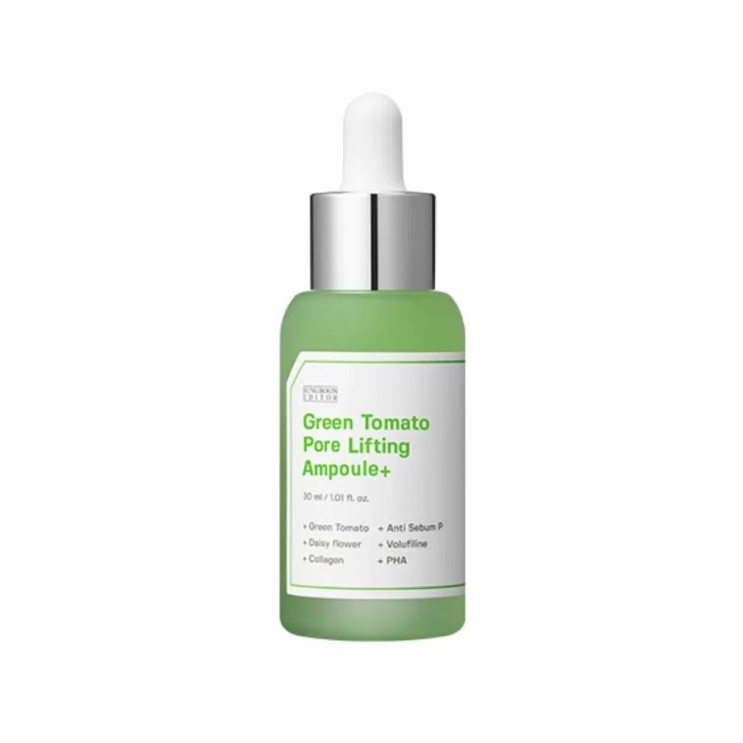 Зелена ампула з сріблясто-білою піпеткою SUNGBOON Editor Green Tomato Pore Lifting Ampoule стоїть на білому фоні.