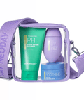 На фото сумка-набір з трьома засобами: Azulene Soothing PH Cleanser, Azulene Soothing Cream, Azulene Mild Tone-up Cream на білому фоні.