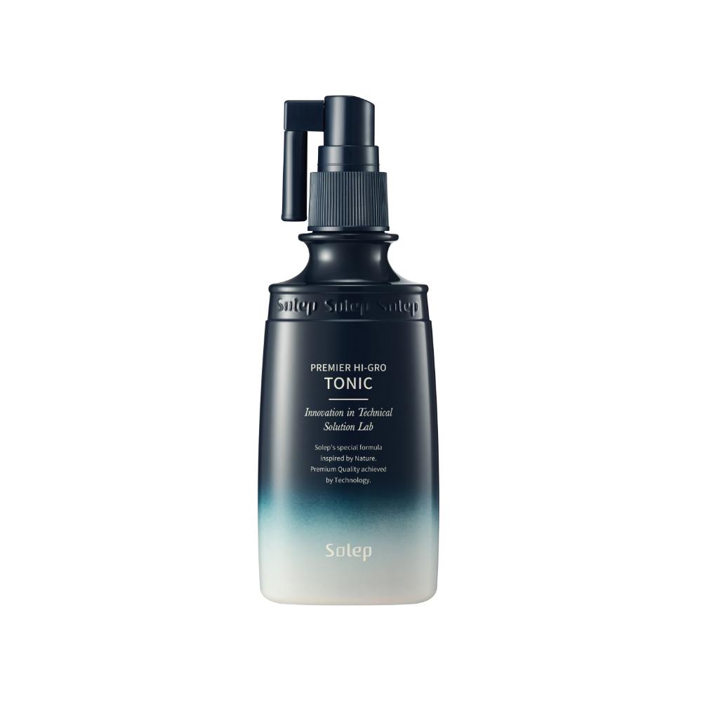 Біло-синя пляшечка засобу Solep Premier Hi-gro Tonic стоїть з синім дозатором на білому фоні.