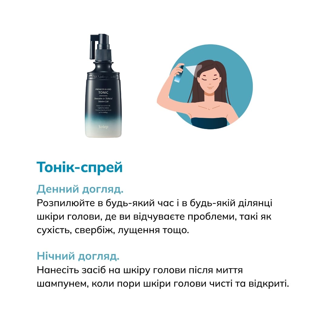 На картинці описаний спосіб використання засобу Solep Premier Hi-gro Tonic.