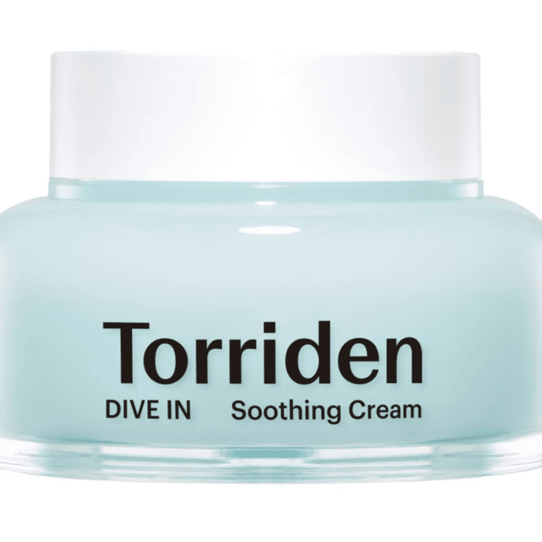 Прозора баночка з білою кришкою крему Torriden Dive-In Soothing Cream стоїть на білому фоні.