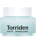 Прозора баночка з білою кришкою крему Torriden Dive-In Soothing Cream стоїть на білому фоні.