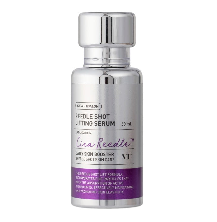 Срібляста ампула сироватки VT Cosmetics Reedle Shot Lifting Serum на білому фоні.