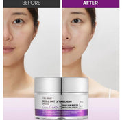 На передньому плані баночка крему VT Cosmetics Reedle Shot Lifting Cream, а на задньому фоні дві фотографії "до" і "після" використання крему, на яких показана дівчина.
