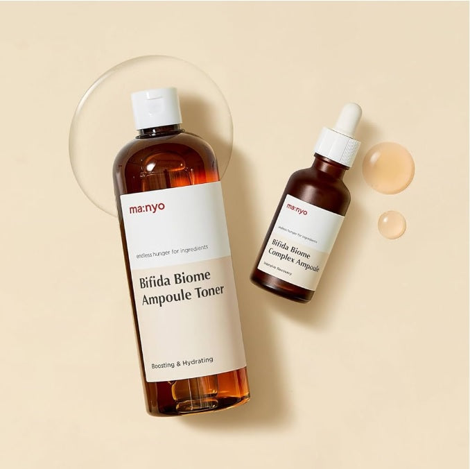 Ma:nyo Bifida Biome Ampoule Toner та Complex Ampoule – тонер і сироватка з пробіотиками для відновлення шкіри