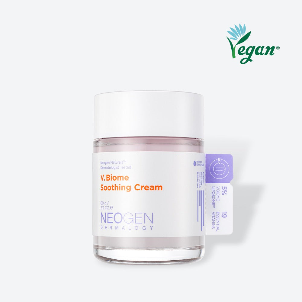 Скляна баночка крему з білою етикеткою Neogen Dermalogy V.Biome Soothing Cream стоїть на білому фоні.