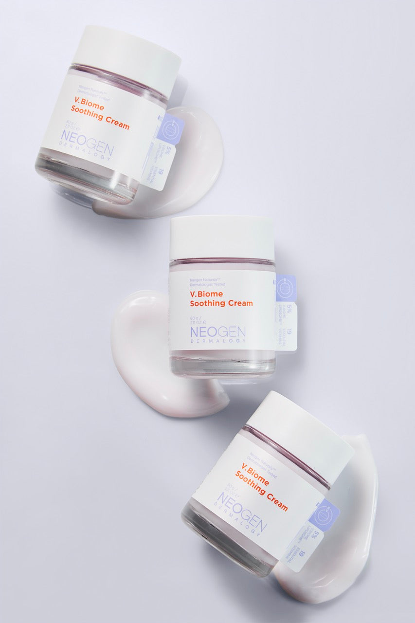 Три банки крему Neogen V.Biome Soothing Cream – відкрита й закрита упаковка, 60 мл