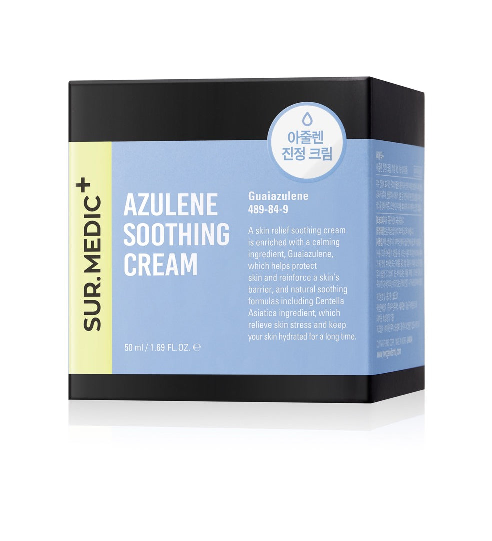 Упаковка крему SUR.MEDIC+ Azulene Soothing Cream – коробка й банка з гвайазуленом