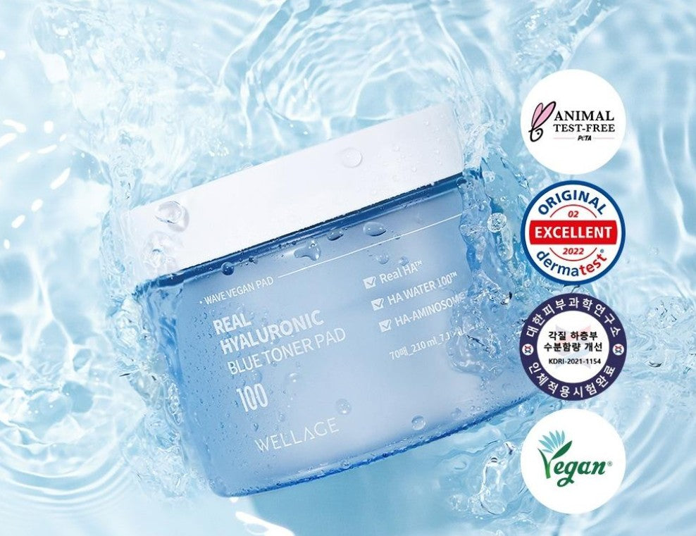WELLAGE Real Hyaluronic Blue Toner Pad, 70 шт. – тонер-педи з гіалуроновою кислотою, Vegan і Dermatest Excellent