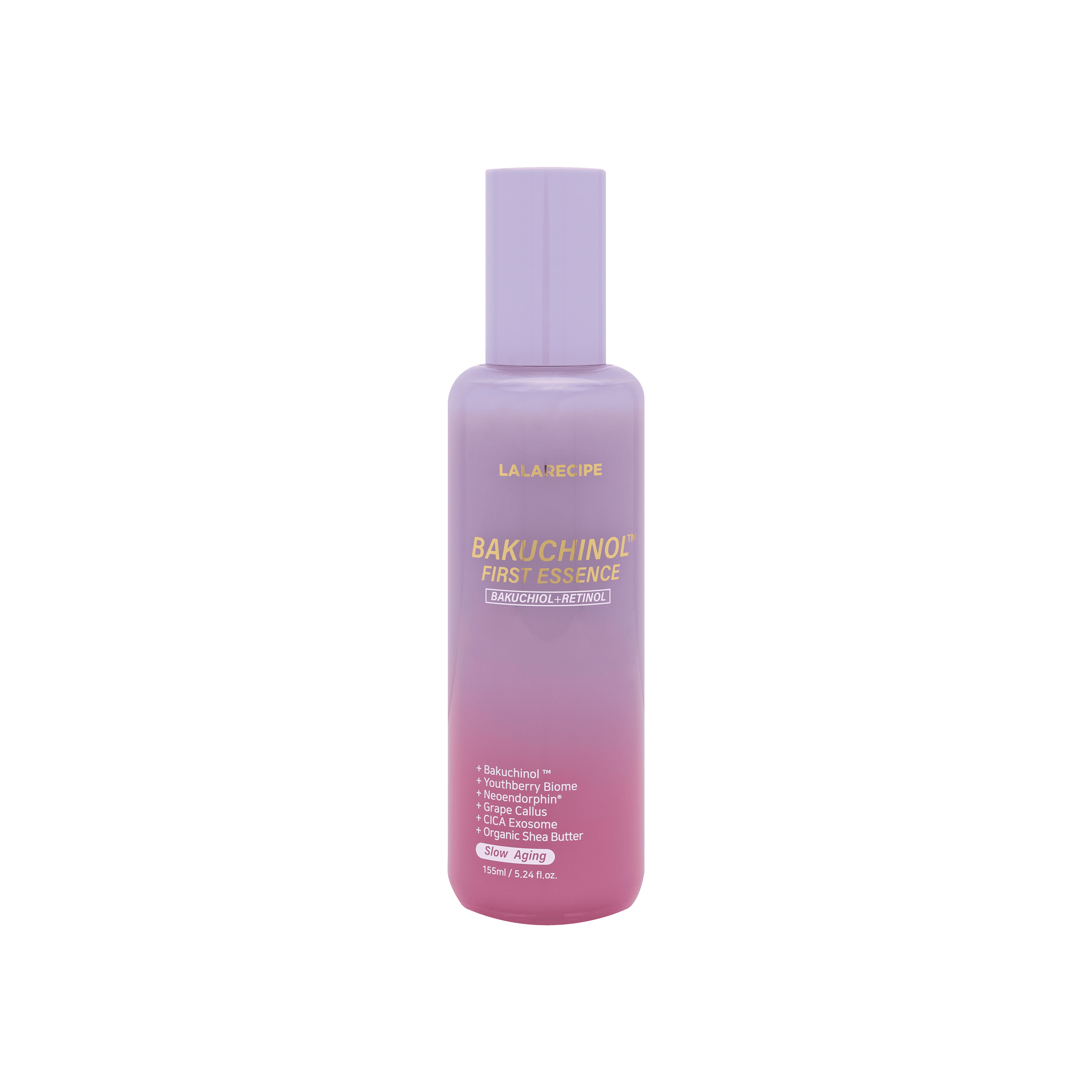 Зволожувальна есенція для обличчя з бакучіолом — LALARECIPE Bakuchinol First Essence у стильному флаконі на світлому фоні